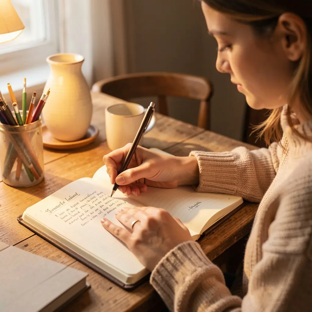 Person writing in gratitude journal with warm lighting